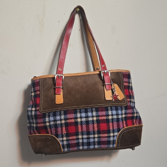 Coach Plaid Tote with Red and Brown Leather